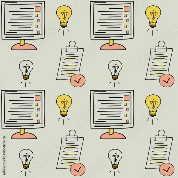 Fototapeta Seamless pattern with checklists, monitors, and heart-shaped light bulbs on a soft background. Ideal for school notebooks, planners, and stationery design.