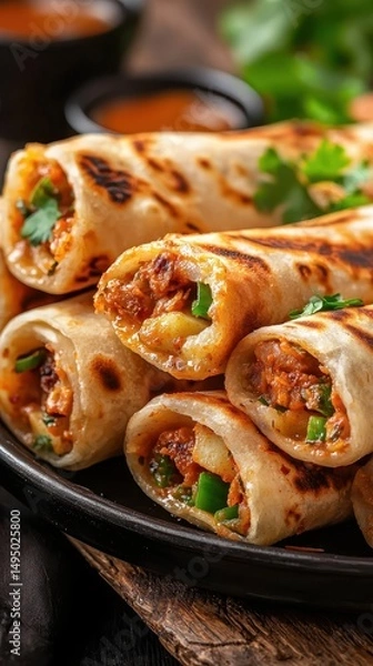 Fototapeta Deliciously rolled roti filled with savory ingredients, garnished with herbs, served with dipping sauce.