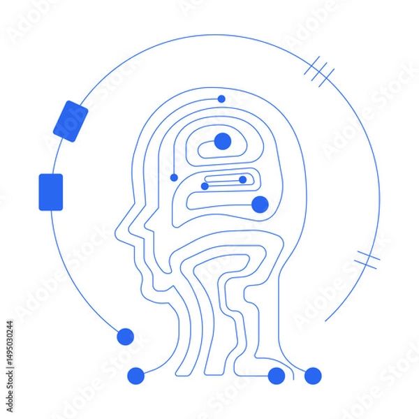 Obraz Digital human head circuit line onboarding ui illustration. Artificial intelligence. Machine learning. Neural network technology outline blue 2D concept isolated. Monochrome metaphor vector art