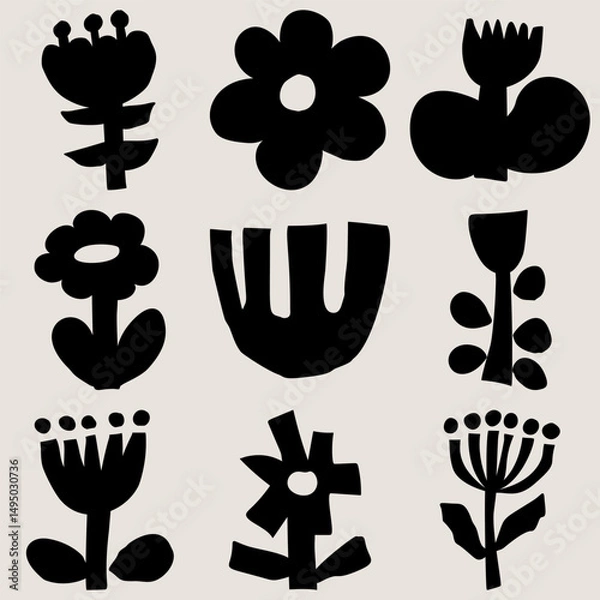 Fototapeta A grid of nine abstract modern art minimalist black and white cutout floral designs. Vector seamless pattern with bold botanical shapes. Home decor poster illustration