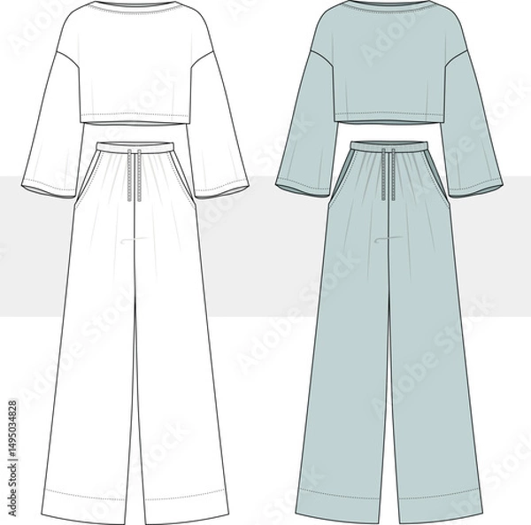 Obraz Oversize cotton cropped top sweatshirt and wide leg sweatpants suit drawing. Fashion Illustration, Vector, CAD, Technical Drawing, Flat Drawing, Template, Mockup.