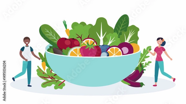 Fototapeta People standing beside a large bowl filled with various fruits and vegetables in a colorful illustration