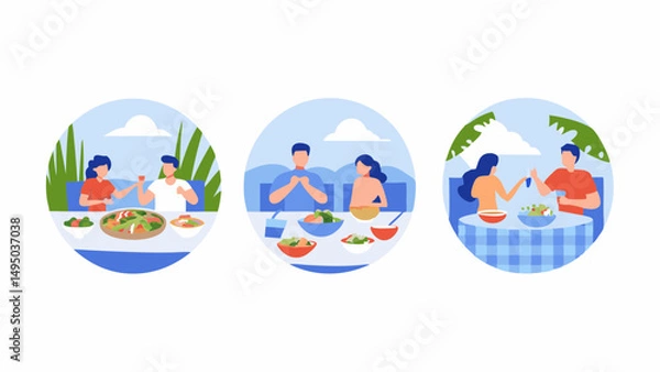 Fototapeta Three scenes of couples dining outdoors with salads and drinks, set against scenic backgrounds in circles