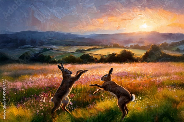 Fototapeta Painting style image of two hares boxing in meadow in rural Ireland at dawn on summer morning