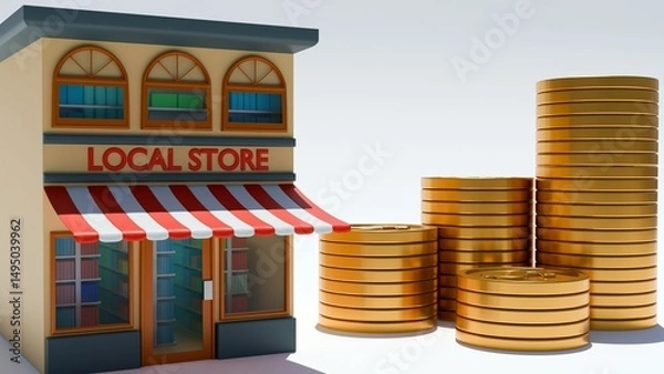 Fototapeta A 3d rendering of charming two-story building designed in a cartoonish style, with gold dollar coins scattered around it.