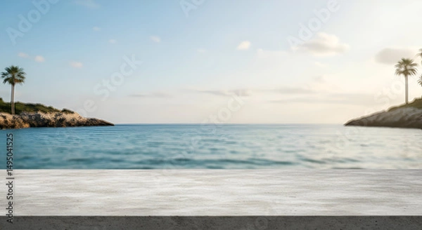 Obraz Empty light gray concrete surface overlooking a blurred ocean scene with palm trees and rocks. Peaceful coastal vista with a flat, uncluttered surface for product placement.