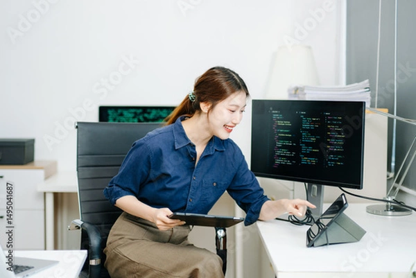 Fototapeta Young female programmer working with tablet and screen displaying code. Modern tech office setup, great for software, coding, IT