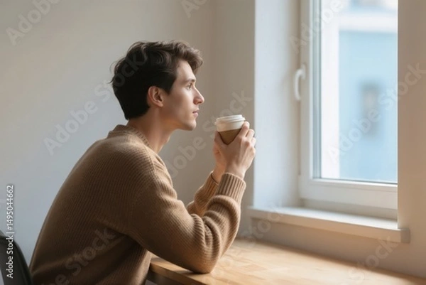 Fototapeta Man Contemplating with Coffee by the Window in Cozy Space