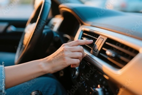 Fototapeta Adjusting Car AC Vent with Hand on Dashboard