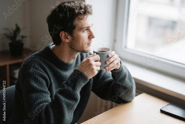 Fototapeta Man Contemplating with Coffee by the Window in Cozy Space