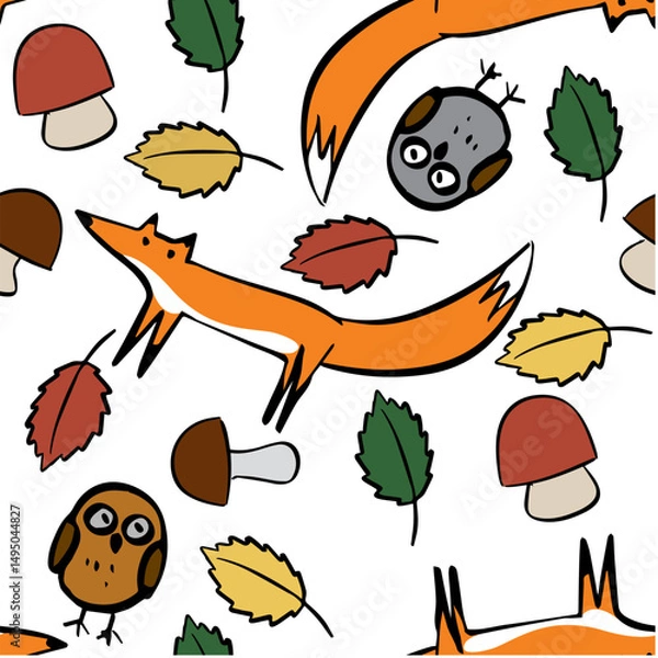 Fototapeta fox, owl and forest doodle seamless pattern kid drawing. Vector illustration