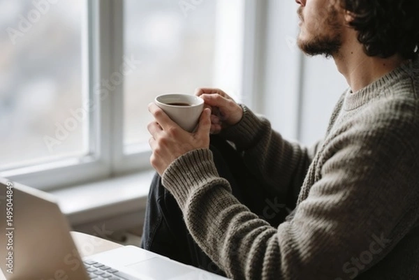 Fototapeta Man Enjoying Coffee by the Window While Working on Laptop