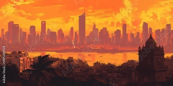 Fototapeta Futuristic skyline of Mumbai at sunset blending with heritage architecture in a vibrant orange palette symbolizing time travel through Maharashtra