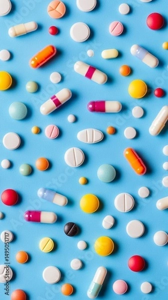 Fototapeta Colorful assortment of pills and tablets scattered across a vibrant blue background, showcasing the variety of shapes, sizes, and textures in the world of pharmaceuticals and healthcare.
