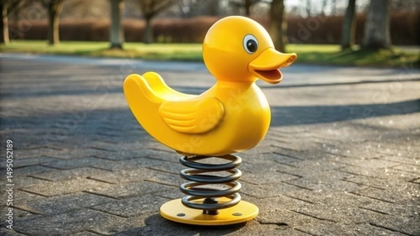 Fototapeta A yellow duck-shaped spring rider playground toy stands on a paved surface in a sunny outdoor park.