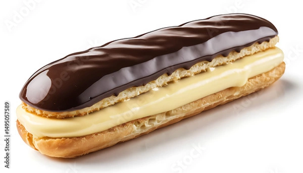 Obraz  Glossy chocolate éclair with smooth dark chocolate glaze, filled with creamy vanilla custard