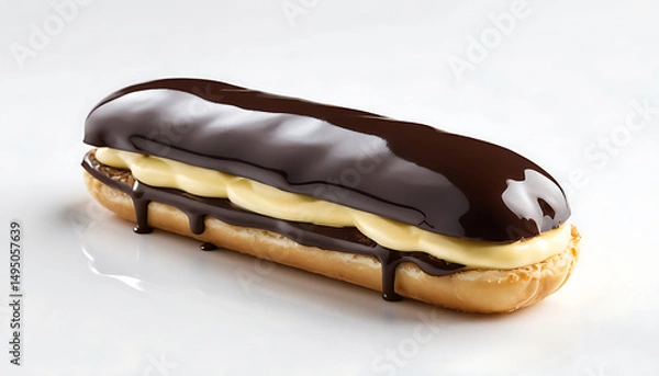 Obraz  Glossy chocolate éclair with smooth dark chocolate glaze, filled with creamy vanilla custard