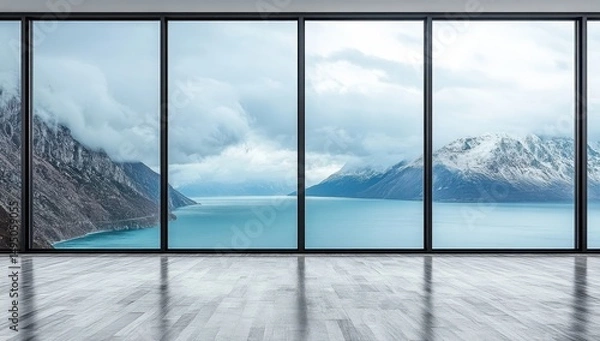 Fototapeta Empty room with large windows overlooking a mountain lake