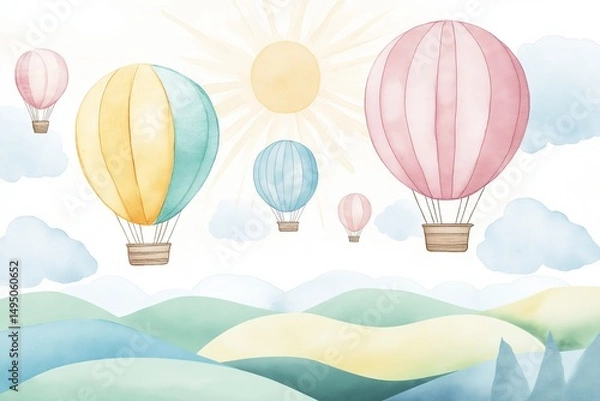Fototapeta Watercolor illustration of hot air balloons over pastel hills with sun rays and soft clouds