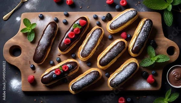 Obraz  Glossy chocolate éclair with smooth dark chocolate glaze, filled with creamy vanilla custard