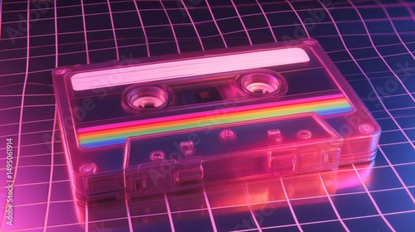 Obraz Retro cassette tape on a grid with neon pink and blue lighting effect