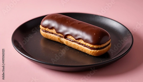 Obraz  Glossy chocolate éclair with smooth dark chocolate glaze, filled with creamy vanilla custard