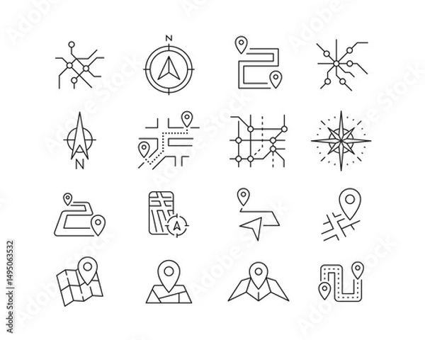 Obraz Maps and Navigation Icon collection containing 16 editable stroke icons. Perfect for logos, stats and infographics. Edit the thickness of the line in Adobe Illustrator (or any vector capable app).