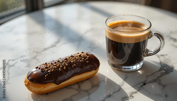 Obraz  Glossy chocolate éclair with smooth dark chocolate glaze, filled with creamy vanilla custard