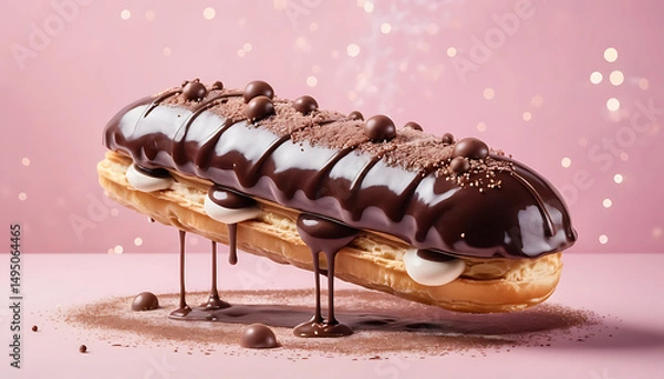 Obraz  Glossy chocolate éclair with smooth dark chocolate glaze, filled with creamy vanilla custard
