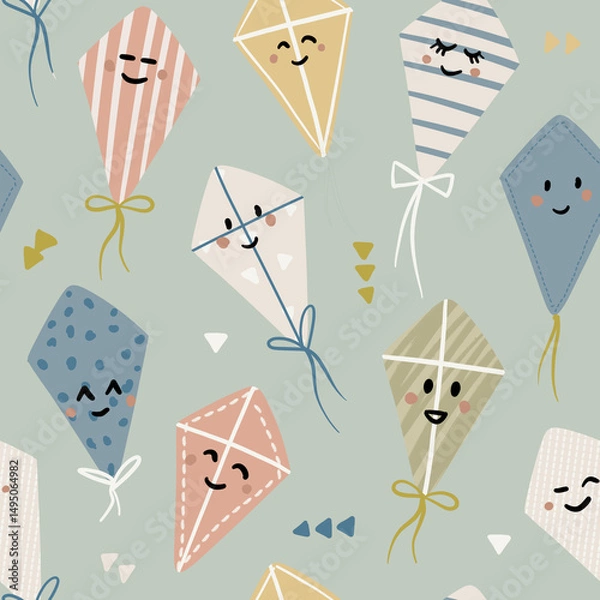 Fototapeta Flying kite seamless pattern, nursery textile design. kids toddlers playful repeat design. Summer leisure outdoor art, muted colors, kawaii faces pale green