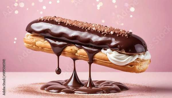 Obraz  Glossy chocolate éclair with smooth dark chocolate glaze, filled with creamy vanilla custard