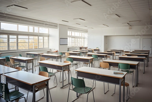Obraz Empty classroom with rows of desks at a community high school.