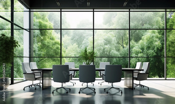 Obraz Modern glass conference room with office table and chairs with view to park with green trees.