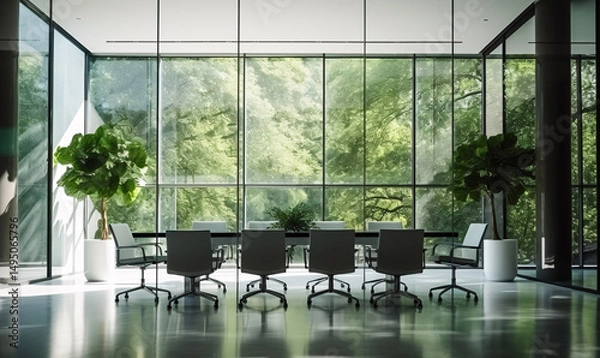 Obraz Chairs, table and technology in empty boardroom of corporate office for meeting with view from window to garden.