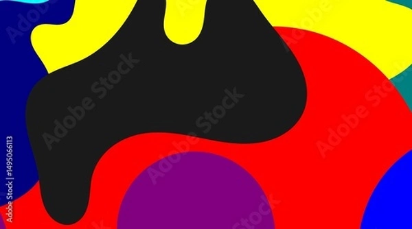 Fototapeta Abstract artwork presents an eye-catching interplay of rounded, amoeba-like forms in a palette of red, yellow, purple, and black, subtly shifting and merging, evoking a sense of organic movement.