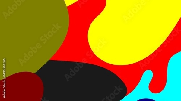 Fototapeta A bright and inviting abstract illustration is revealed, composed of interlocking, rounded forms in cheerful yellow, vibrant red, deep blue, and black, creating an playful and optimistic visual.