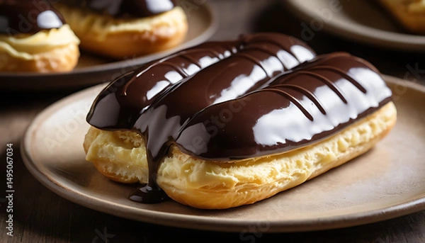 Obraz  Glossy chocolate éclair with smooth dark chocolate glaze, filled with creamy vanilla custard
