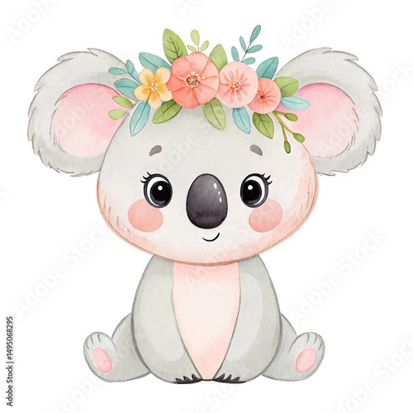Obraz Cute coala in a flower crown. Watercolor isolated illustration.