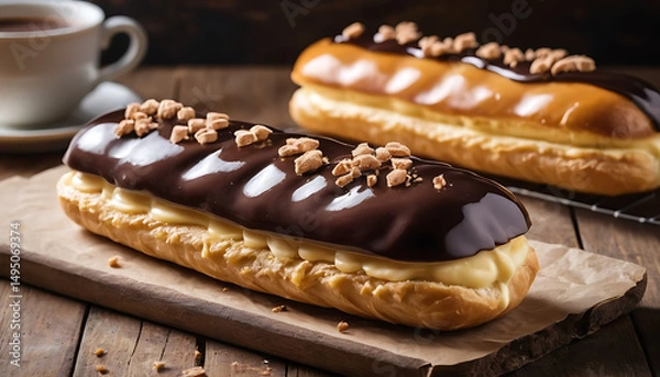 Obraz  Glossy chocolate éclair with smooth dark chocolate glaze, filled with creamy vanilla custard