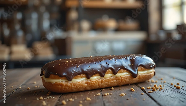 Obraz  Glossy chocolate éclair with smooth dark chocolate glaze, filled with creamy vanilla custard