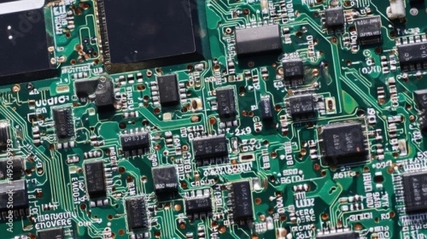 Fototapeta A detailed full-focus macro view of a machine control PCB, deep olive green board, high-density soldered tiny transistors, diodes, microcontrollers, and capacitors, precise copper routes, no depth of 