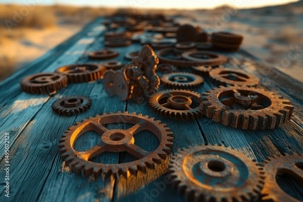 Fototapeta Rustic, weathered gears scattered on an aged wooden surface, bathed in warm sunset light.