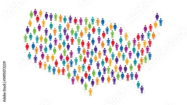 Fototapeta Colorful human icons form the shape of Usa map
