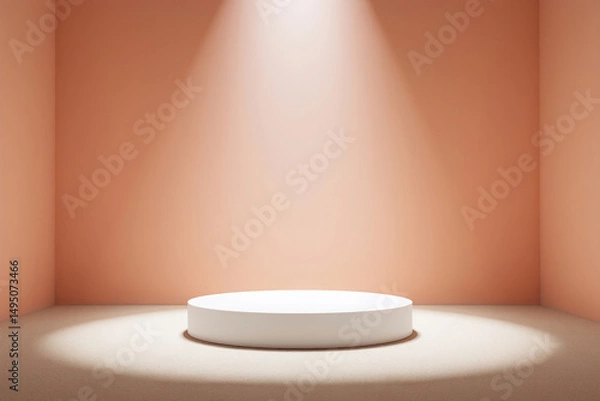 Fototapeta White round podium illuminated by spotlight in a peach colored room