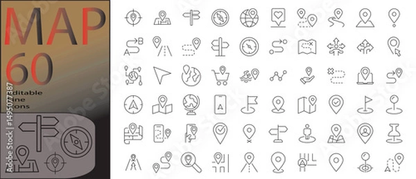 Fototapeta map line editable icon set. Editable stroke. Vector illustration