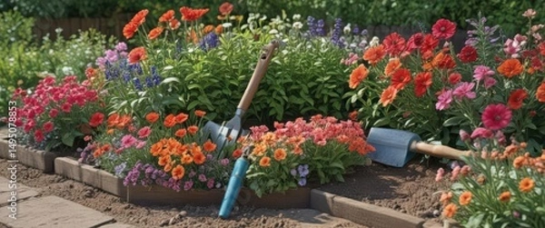 Fototapeta Close-up of vibrant flowers in a garden bed, various gardening tools neatly arranged nearby,  colorful,  earth,  trowel