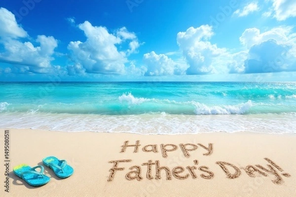 Fototapeta pair of flip flops sitting on top of a sandy beach next to the ocean