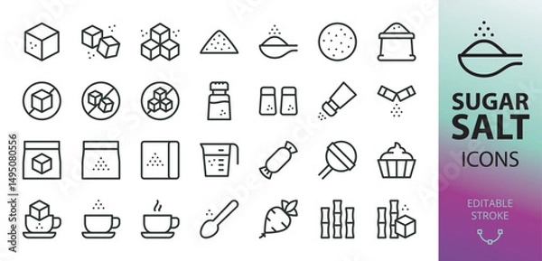 Fototapeta Sugar and salt line icons set. Set of sugar spoon, no sugar, sugarcane, beet, cube, dessert vector icon with editable stroke