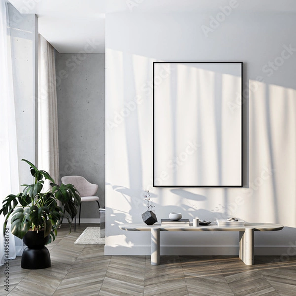 Fototapeta Frame mockup, ISO A paper size. Living room wall poster mockup. Interior mockup with house background. Modern interior design. 3D render
