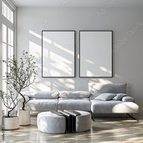 Fototapeta Frame mockup, ISO A paper size. Living room wall poster mockup. Interior mockup with house background. Modern interior design. 3D render
